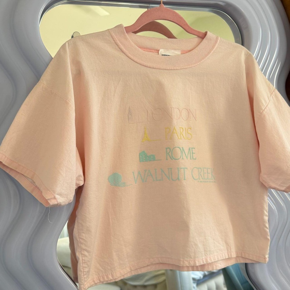 Brindar Sport Vintage Pastel Euro Vacation Cropped Cotton Tee Pink Small